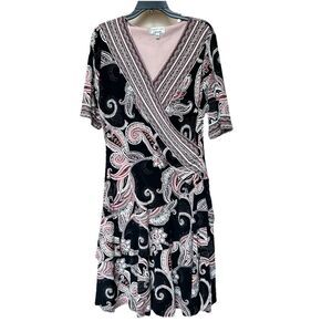 Signature Robbie Bee Dress XL Black Paisley Faux Wrap Stretch Midi Tiered NWT